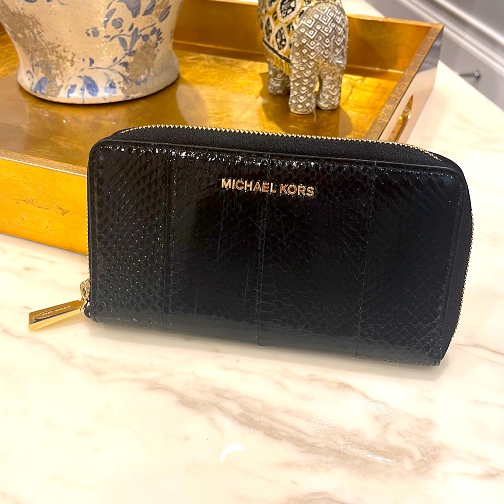 Michael Kors Long Flat Black snake embossed wallet…LIKE NEW!!!